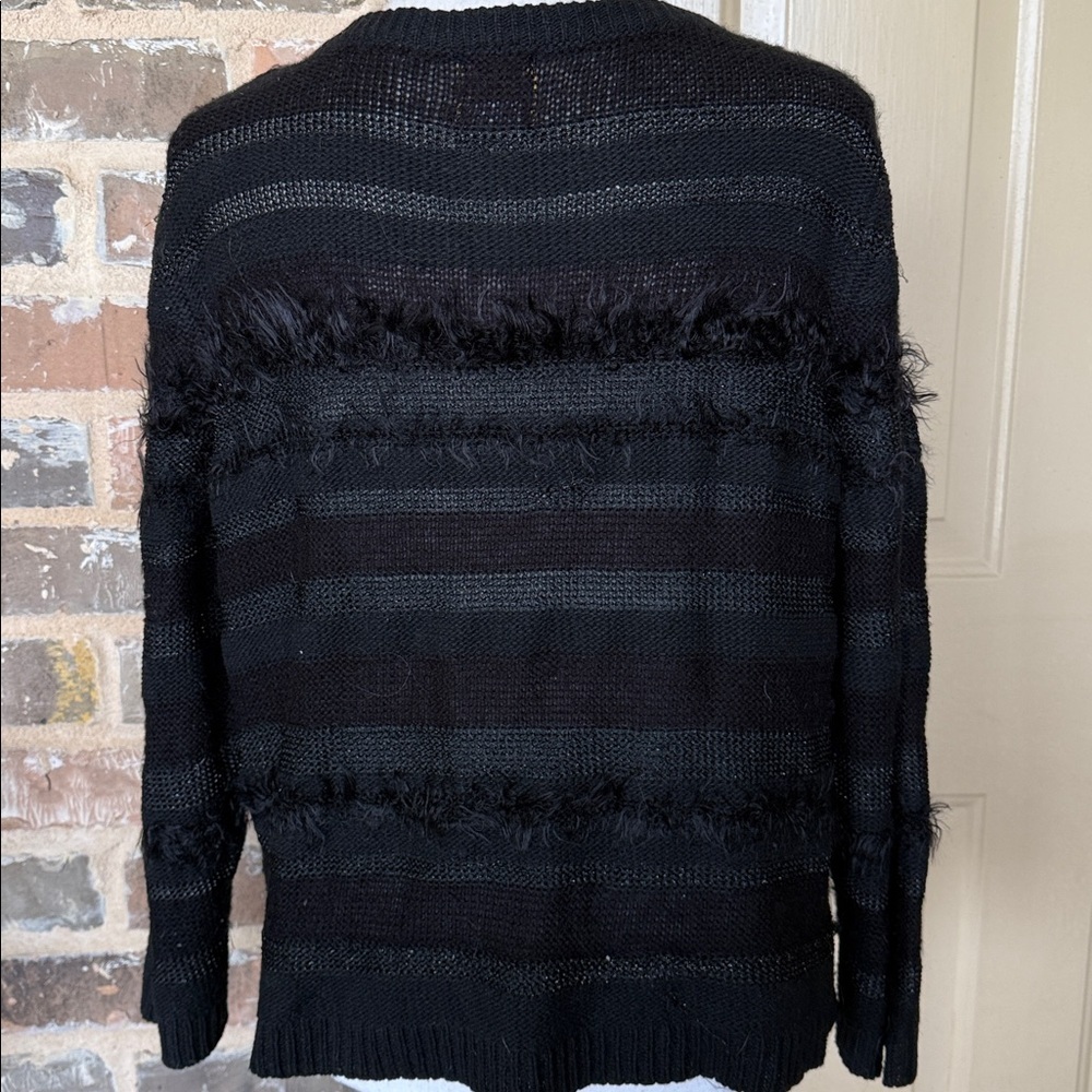 Ruby Rd Black Sequin & Bead Mixed Texture Cardigan Sweater Fuzzy Stripe Sz LG - Picture 4 of 12